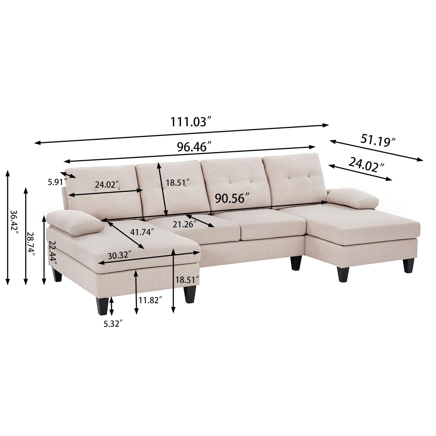 111" Modern U Shape Convertible Sectional Sofa Couch EK HOME FURNITURE