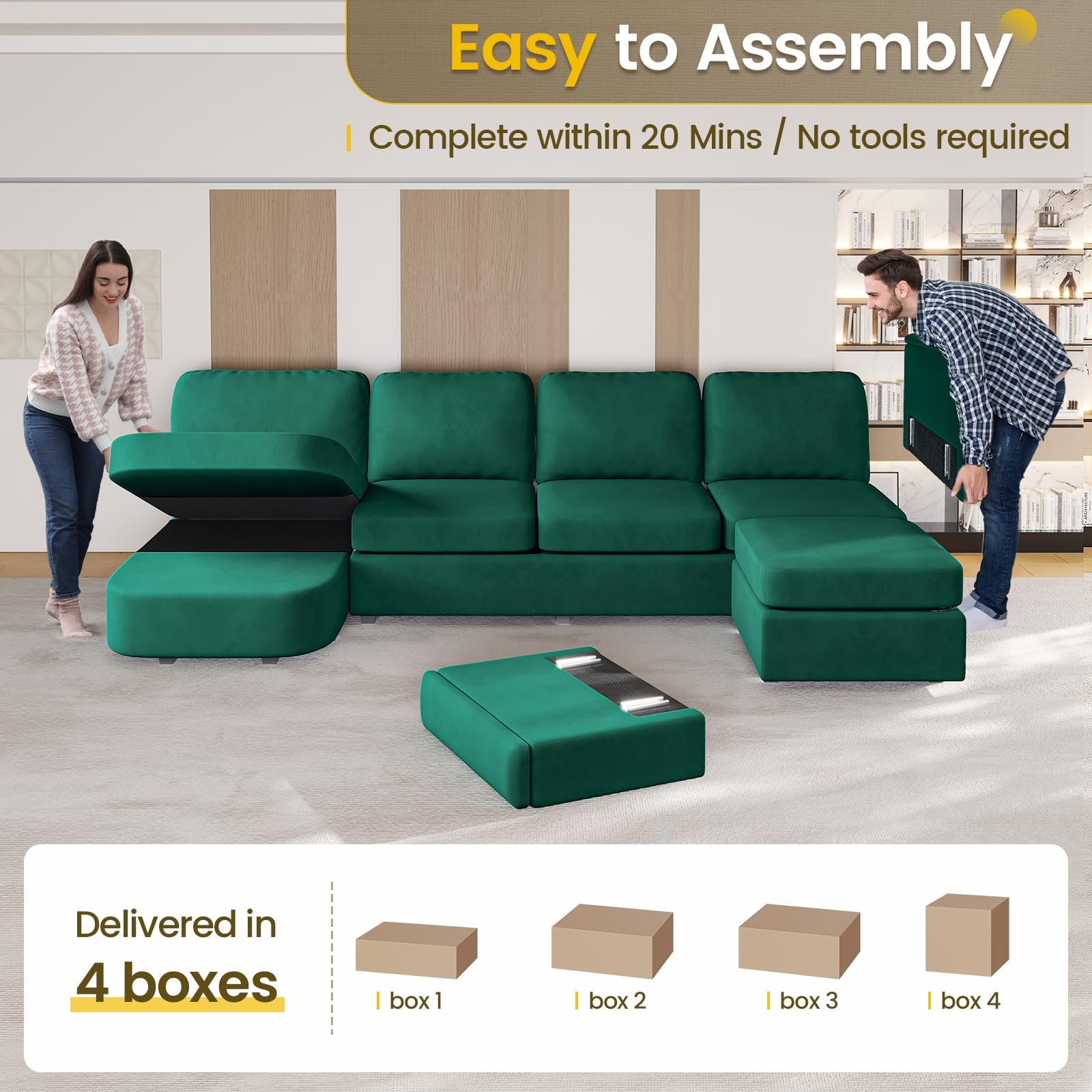 120" U Shaped Couch, Sectional Sofa Couch with Storage Seat for Living Room, Green EK HOME FURNITURE