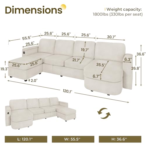 120" U Shaped Couch, Sectional Sofa Couch with Storage Seat for Living Room, Green EK HOME FURNITURE