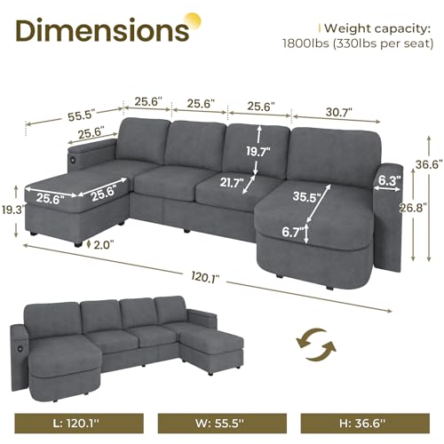 120" U Shaped Couch, Sectional Sofa Couch with Storage Seat for Living Room, Green EK HOME FURNITURE