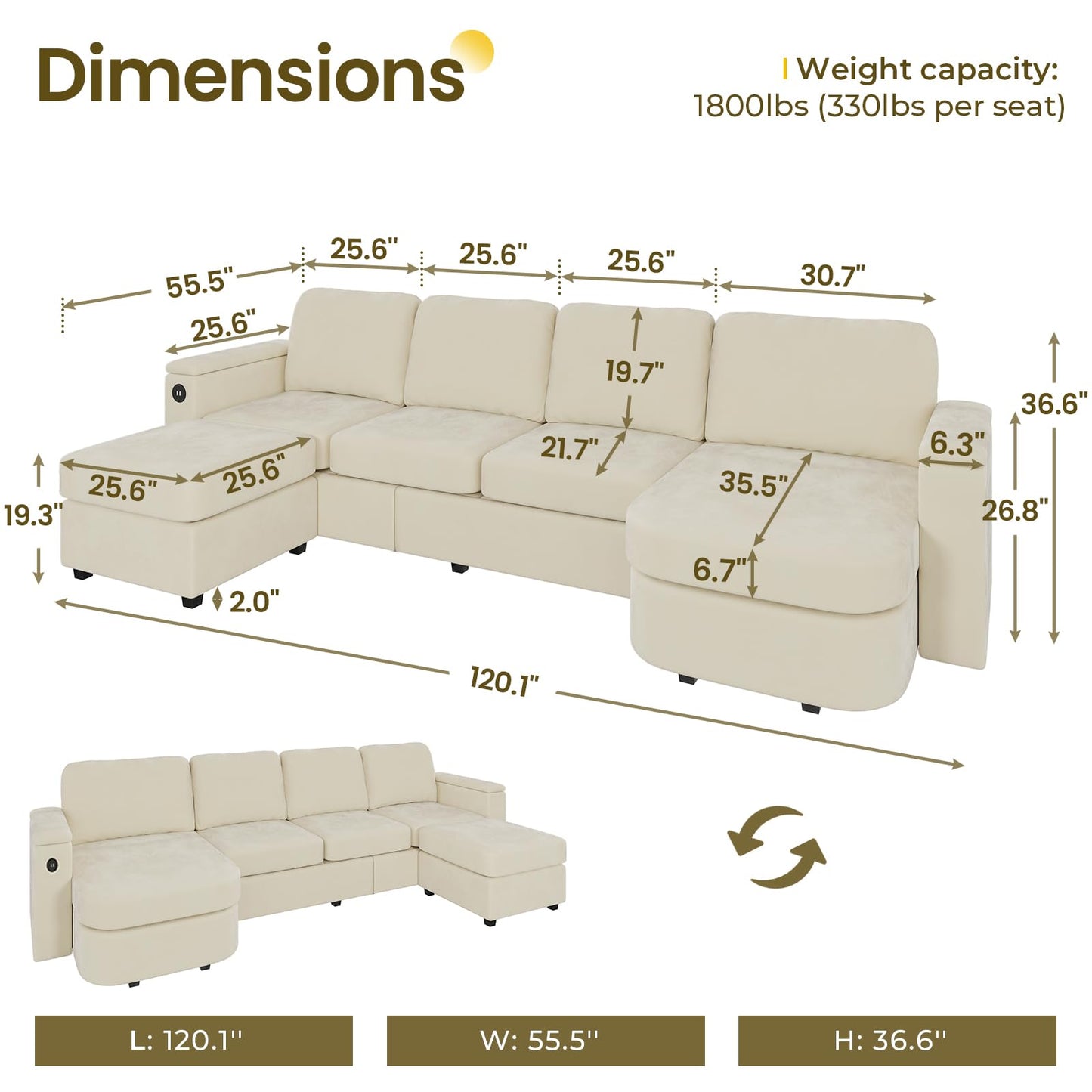 120" U Shaped Couch, Sectional Sofa Couch with Storage Seat for Living Room, Green EK HOME FURNITURE