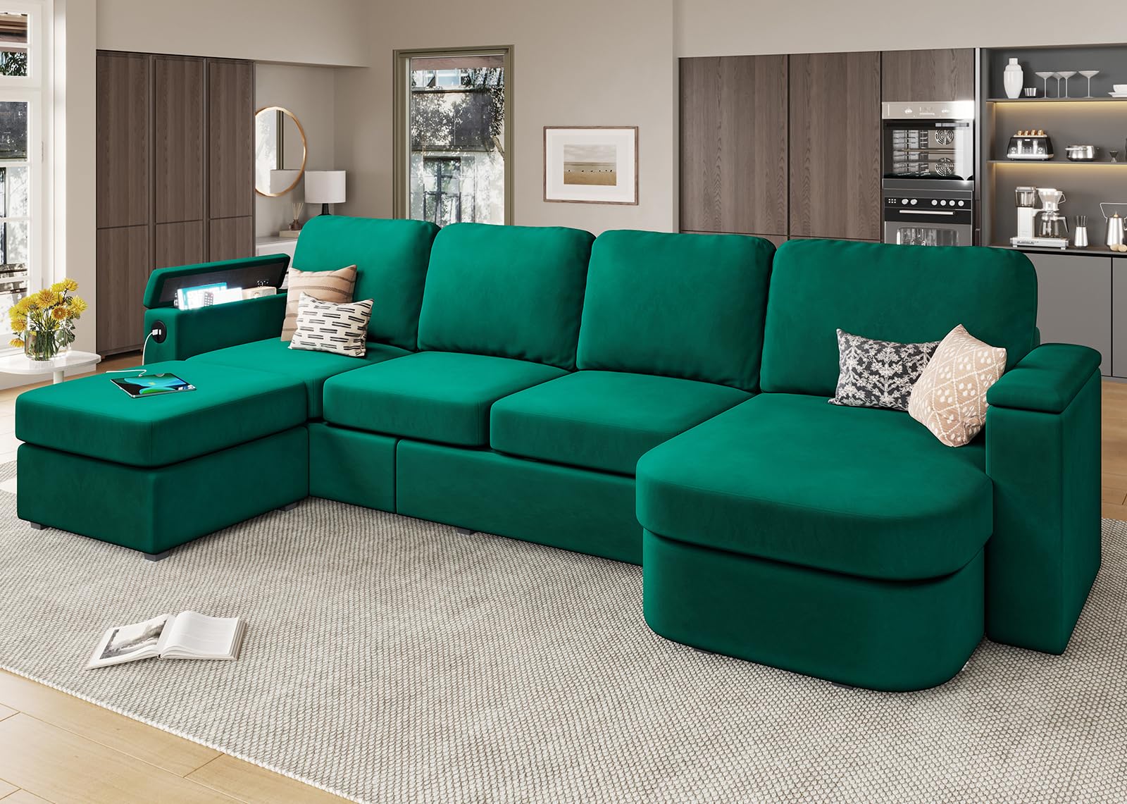 120" U Shaped Couch, Sectional Sofa Couch with Storage Seat for Living Room, Green EK HOME FURNITURE