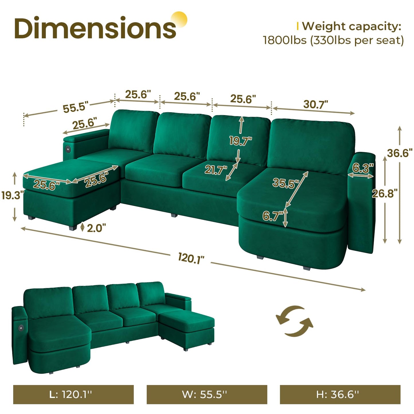 120" U Shaped Couch, Sectional Sofa Couch with Storage Seat for Living Room, Green EK HOME FURNITURE