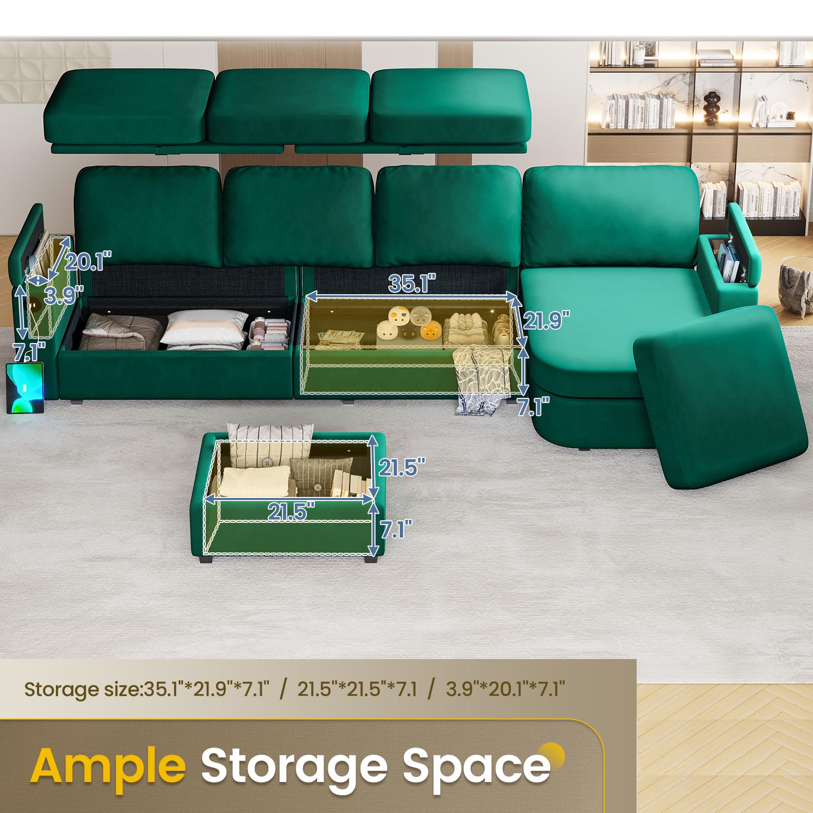 120" U Shaped Couch, Sectional Sofa Couch with Storage Seat for Living Room, Green EK HOME FURNITURE