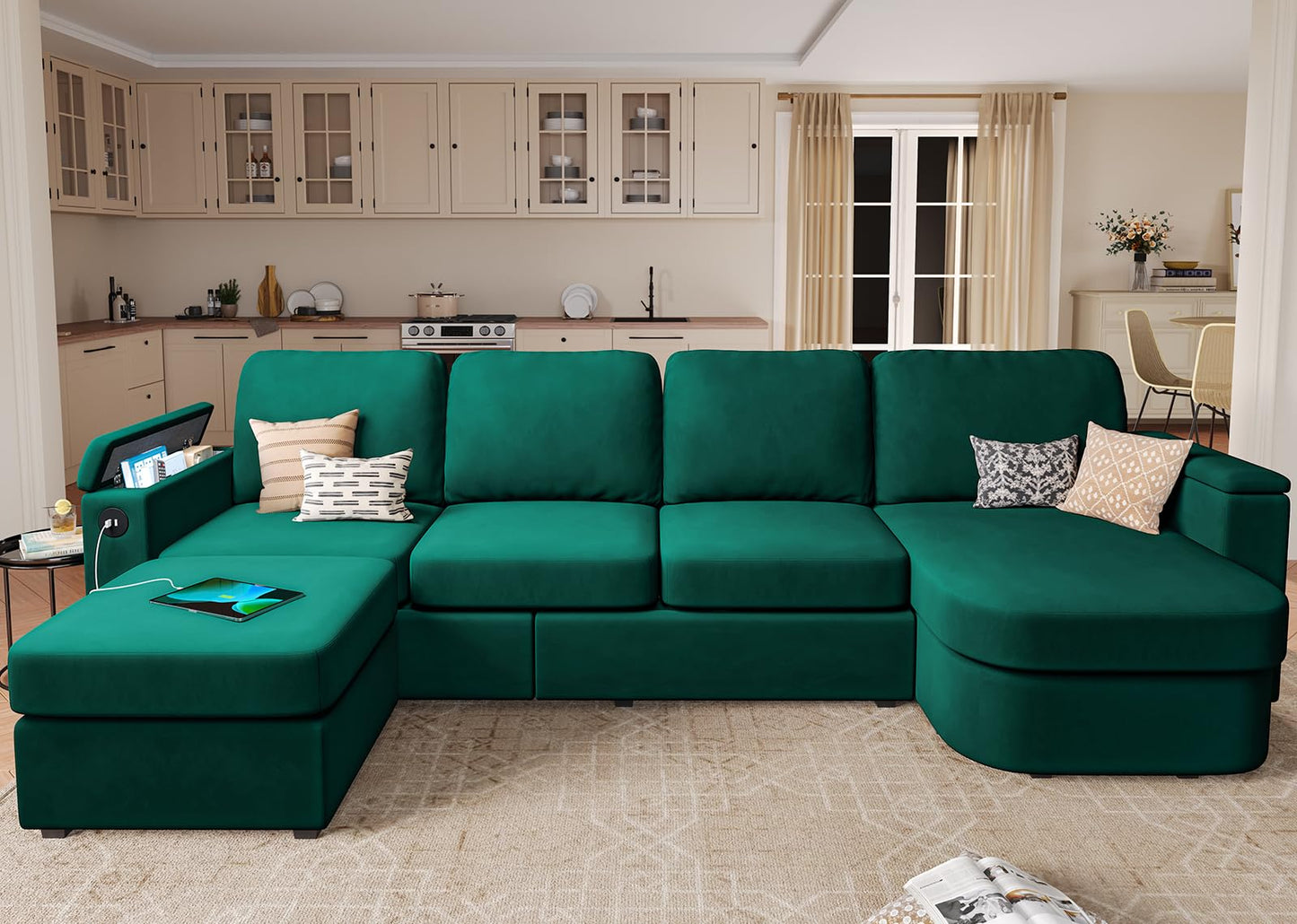 120" U Shaped Couch, Sectional Sofa Couch with Storage Seat for Living Room, Green EK HOME FURNITURE