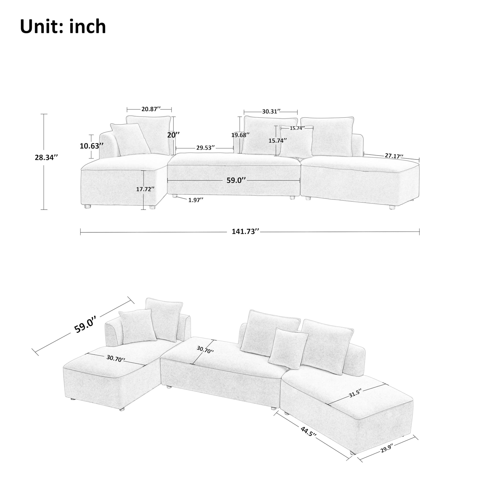 141.7'' Modular Sectional Couch, Oversized 6 Seater Sofa for Living Room, Apartment, Orange EK HOME FURNITURE