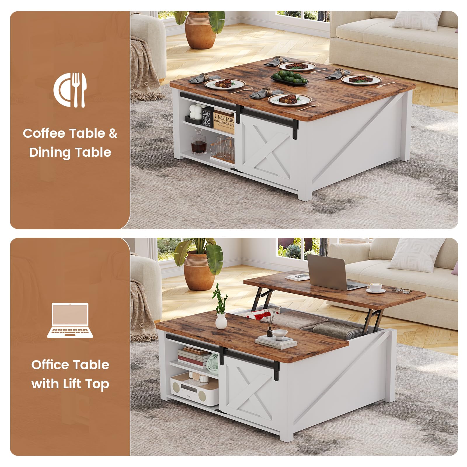 31.5" Lift Top Coffee Table with Large Hidden Storage Compartment EK HOME FURNITURE