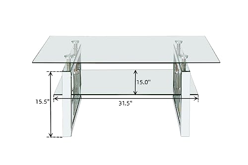 Elegant 2 Tiers of Shiny Silver Mirrored Coffee Table, Crystals Inlay 35 Inches