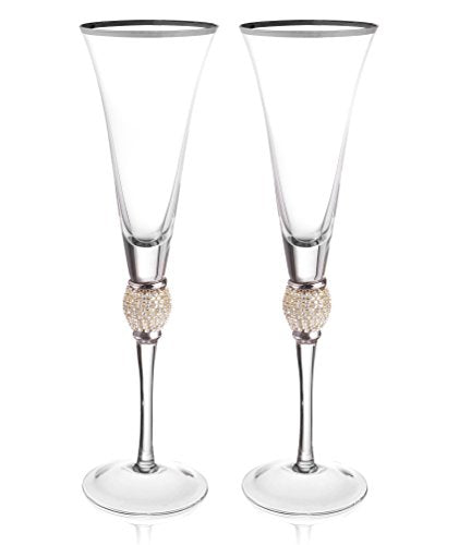 Set of 2 Champagne Flutes - Rhinestone "DIAMOND" Studded Glasses With Silver Rim