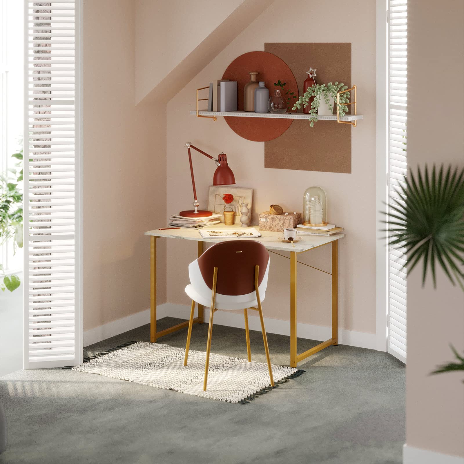 32 Inch Computer Desk, White Marble and Gold Leg EK HOME FURNITURE