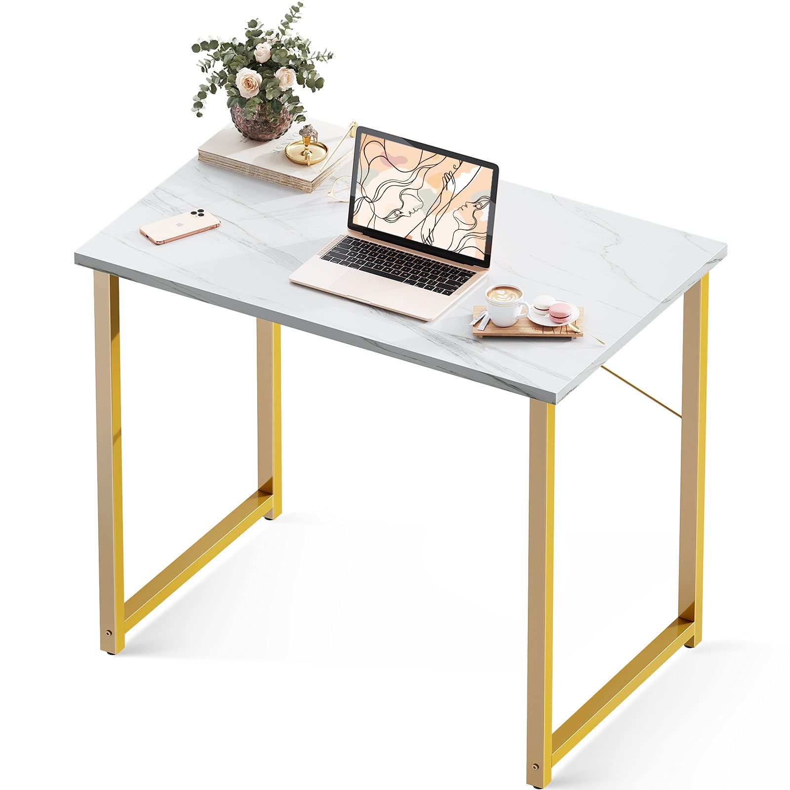 32 Inch Computer Desk, White Marble and Gold Leg EK HOME FURNITURE