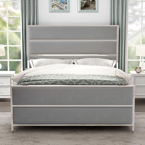 Velvet Upholstered Platform Bed with Channel Tufted and Silver Trim