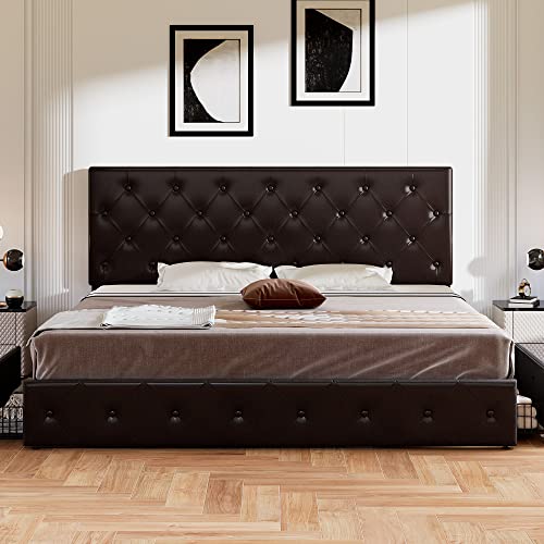 Upholstered Platform Bed Frame with 4 Storage Drawers and Headboard