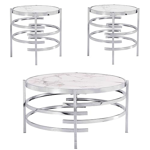 Coffee Table, Marble Stone Silver Living Room Table Modern Round