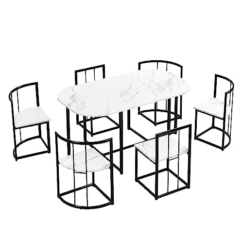 7-Piece Space-Saving Dining Set for 6 with Faux Marble Top, Metal Frame