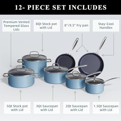 Ceramic Nonstick Cookware Set, Diamond Infused Scratch-Resistant