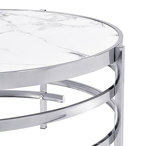 Coffee Table, Marble Stone Silver Living Room Table Modern Round