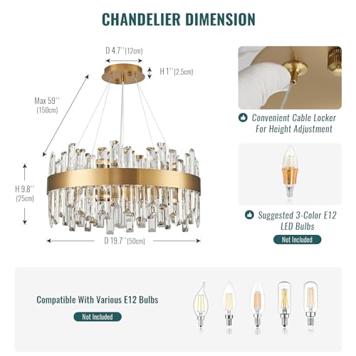 12 Lights Brass Gold Raindrop Crystal Chandelier Lighting, Adjustable Hanging Pendant