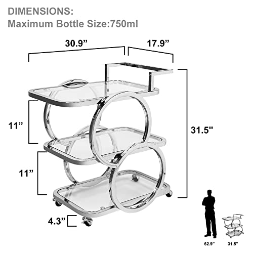 Home Bar Serving Carts 3 Tier Kitchen Carts on Wheels, Chrome