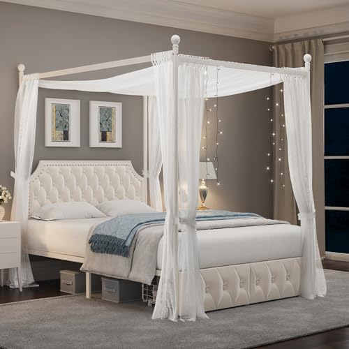 Upholstered Canopy Bed Frame with 2 Drawer and Button Tufted Headboard