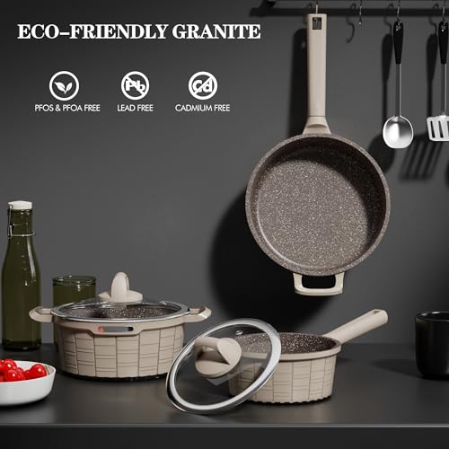 Nonstick Pots and Pans Set, Brown Granite Induction with Stay Handles