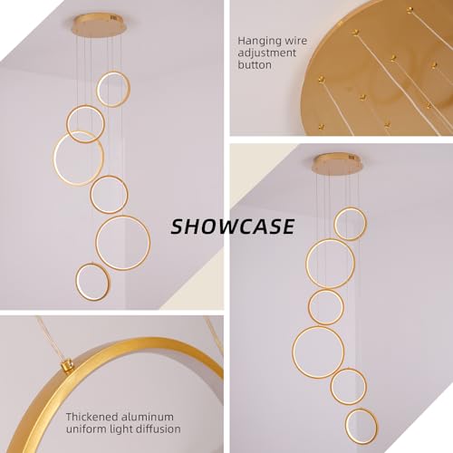 Gold Staircase Hanging 12 Ring Long Led Chandelier Dimmable with Remote Controller