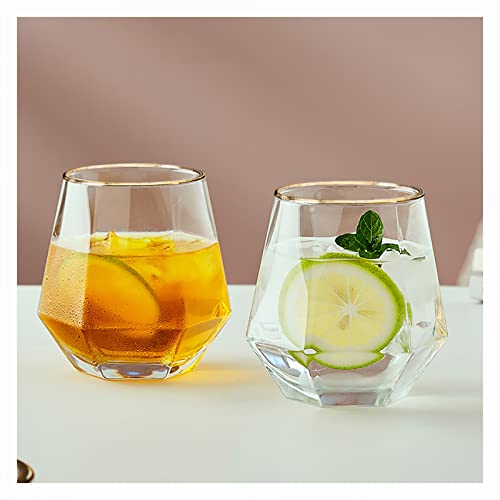 Diamond Wine Glass Set of 2, 10 OZ Modern Stemless Gold Rim