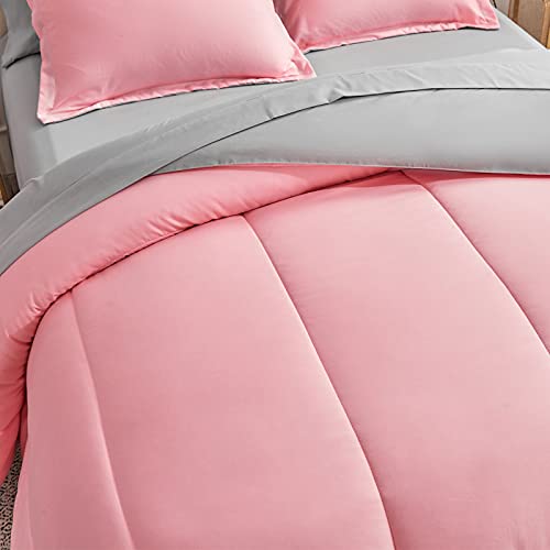 Twin Pink Comforter Set Bed in a Bag with Gray Sheet Set Reversible Soft