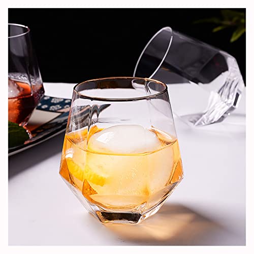 Diamond Wine Glass Set of 2, 10 OZ Modern Stemless Gold Rim