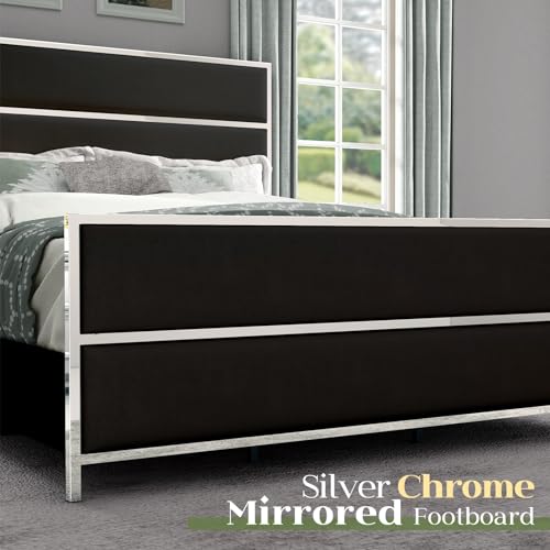 Velvet Upholstered Platform Bed with Channel Tufted and Silver Trim