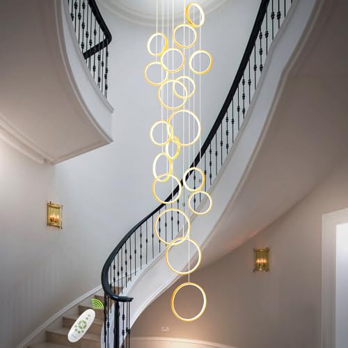 Gold Staircase Hanging 12 Ring Long Led Chandelier Dimmable with Remote Controller