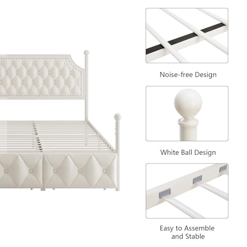 Upholstered Canopy Bed Frame with 2 Drawer and Button Tufted Headboard