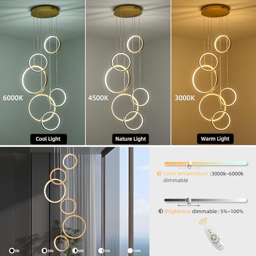 Gold Staircase Hanging 12 Ring Long Led Chandelier Dimmable with Remote Controller