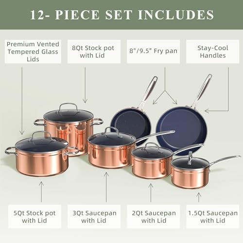 Ceramic Nonstick Cookware Set, Diamond Infused Scratch-Resistant