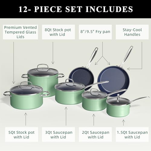 Ceramic Nonstick Cookware Set, Diamond Infused Scratch-Resistant