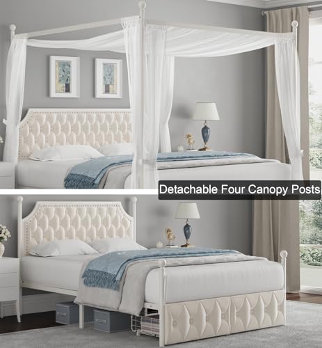 Upholstered Canopy Bed Frame with 2 Drawer and Button Tufted Headboard