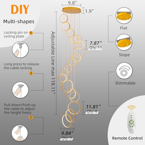 Gold Staircase Hanging 12 Ring Long Led Chandelier Dimmable with Remote Controller