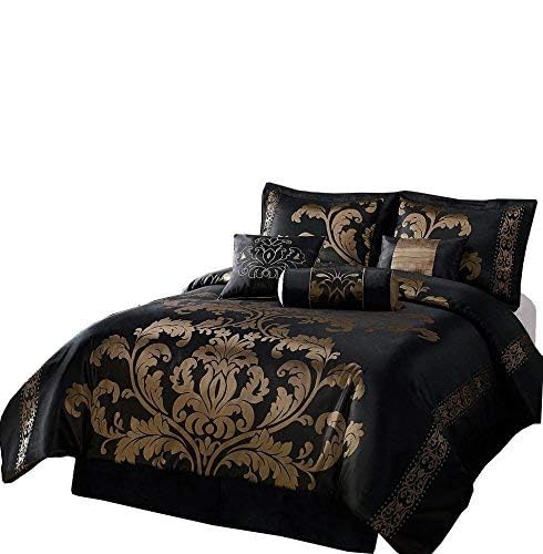 7-Piece Jacquard Floral Comforter Set (Queen, Navy/Gold)