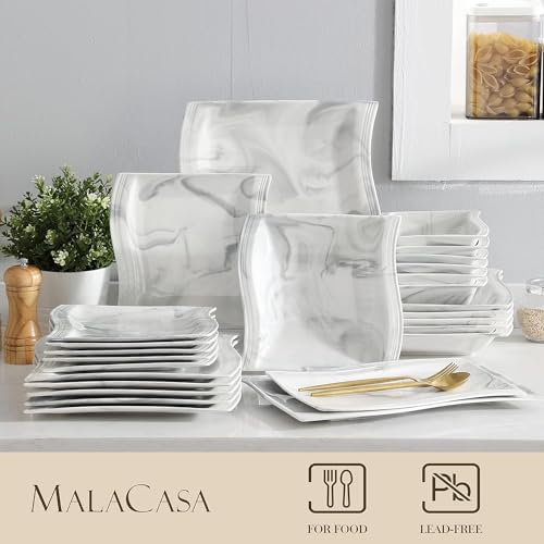 Dinnerware Sets, 12-Piece Porcelain Plates and Bowls Sets, Square Marble