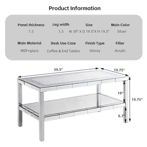 Elegant 2 Tiers of Shiny Silver Mirrored Coffee Table, Crystals Inlay 35 Inches