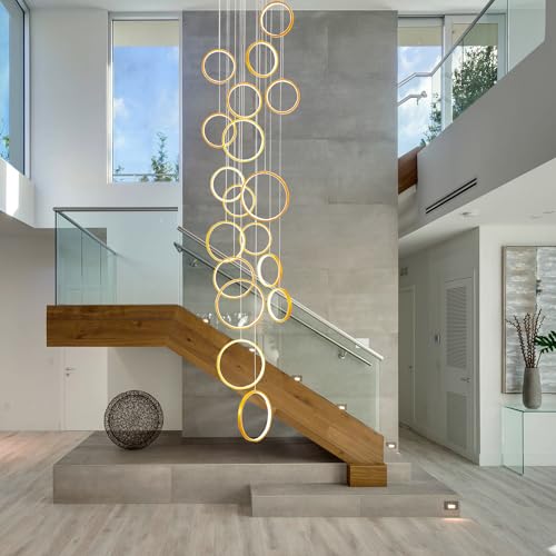 Gold Staircase Hanging 12 Ring Long Led Chandelier Dimmable with Remote Controller