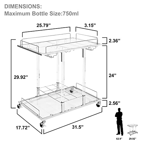 Silver Bar Cart Home Bar Serving Cart with Wine Rack 2-Tier Acrylic