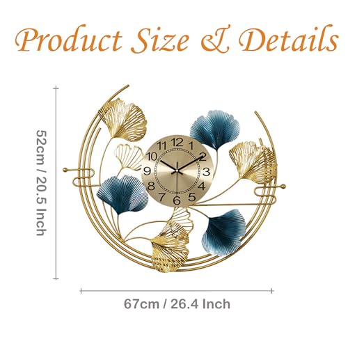 3D Metal Ginkgo Wall Clocks Decorative with Silent Movement Wall Clock