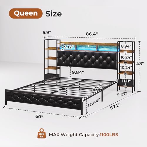 Queen Bed Frame with Storage Headboard and LED Lights