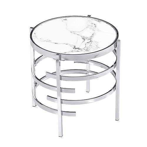 Coffee Table, Marble Stone Silver Living Room Table Modern Round