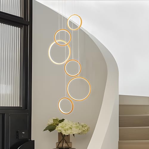 Gold Staircase Hanging 12 Ring Long Led Chandelier Dimmable with Remote Controller