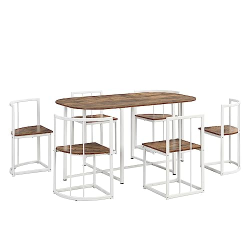 7-Piece Space-Saving Dining Set for 6 with Faux Marble Top, Metal Frame