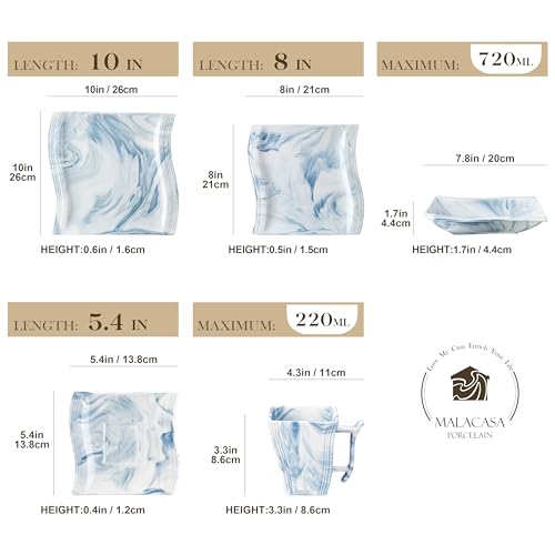 Dinnerware Sets, 12-Piece Porcelain Plates and Bowls Sets, Square Marble