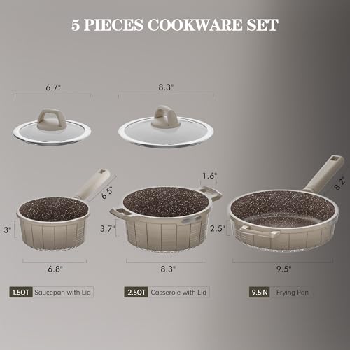 Nonstick Pots and Pans Set, Brown Granite Induction with Stay Handles