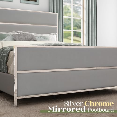 Velvet Upholstered Platform Bed with Channel Tufted and Silver Trim